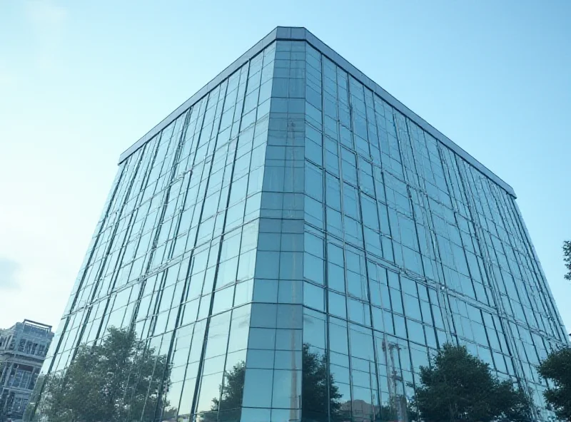 Modern office building with glass windows reflecting the sky.