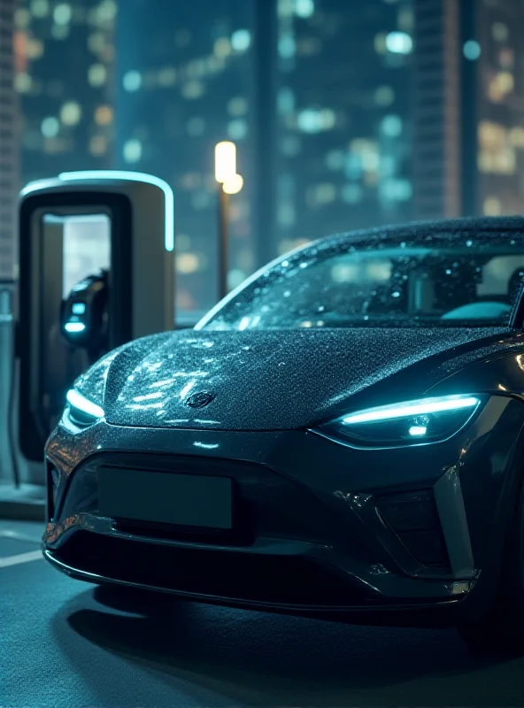 A modern electric vehicle charging at a public station with a blurred cityscape in the background.