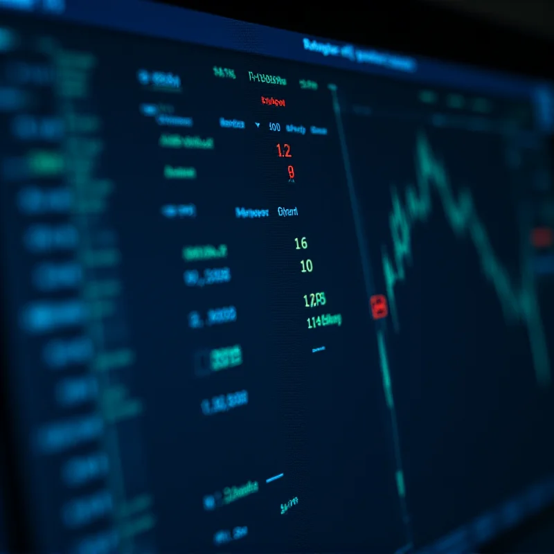 Close up of stock market data displayed on a computer screen, with graphs and numbers fluctuating.