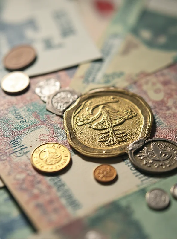 Close-up image of Iranian currency, specifically banknotes and coins.