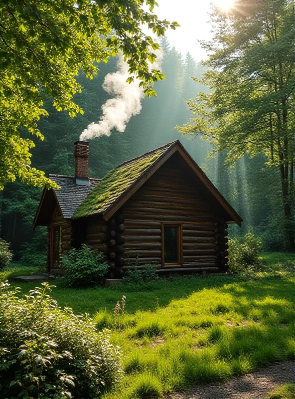 A cozy log cabin nestled in a green forest clearing