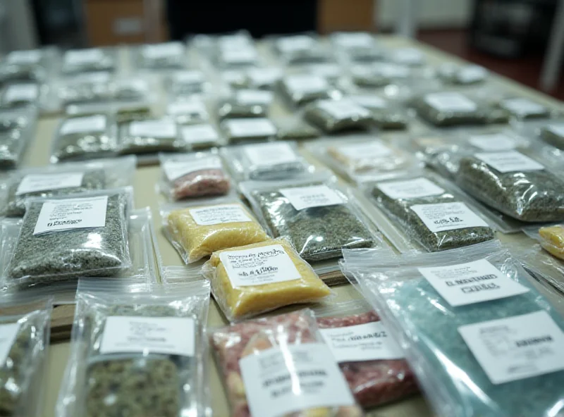 Various packages of drugs, including cannabis, cocaine, and ketamine, laid out on a table with police evidence markers
