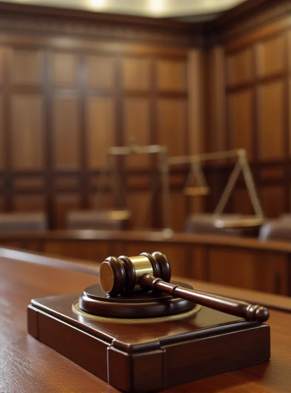 A courtroom interior with gavel and scales of justice.