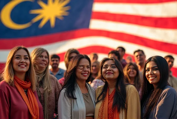 A diverse group of Malaysians, representing different ethnicities, standing together in front of the Malaysian flag, symbolizing unity and equality.