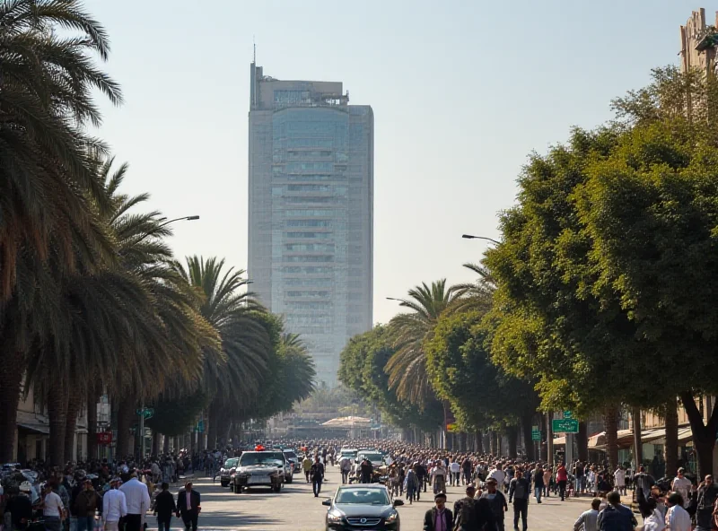 A bustling street scene in Cairo, Egypt, with people and cars moving about. In the background, a modern building can be seen, possibly the location of the ceasefire talks.