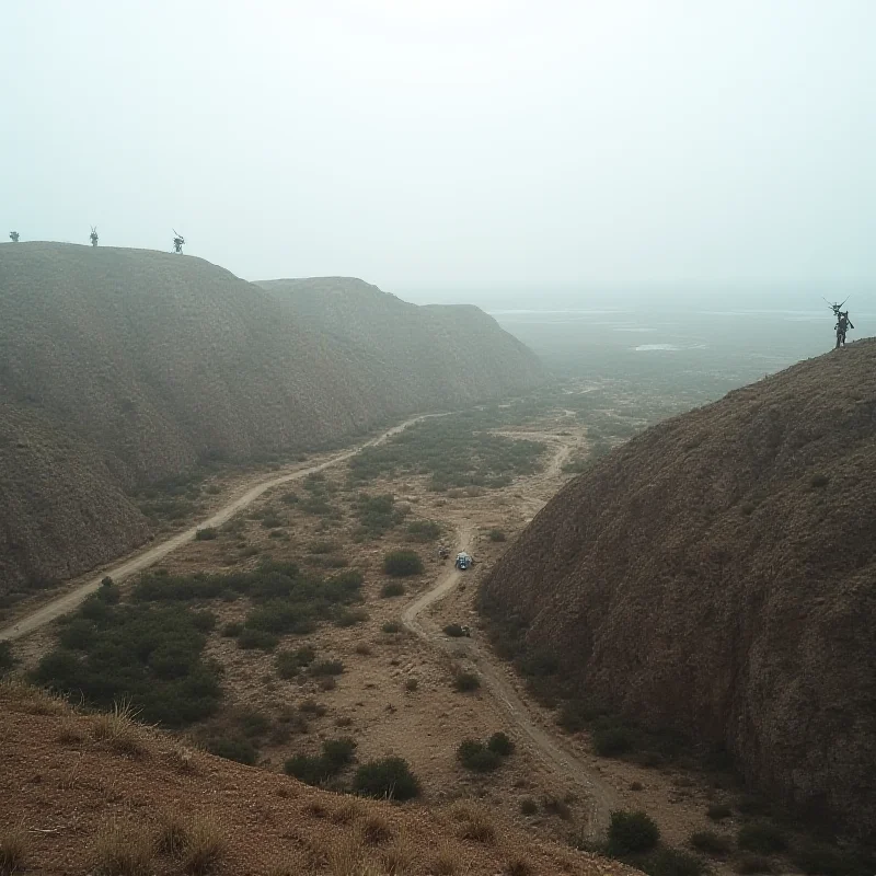 A high-angle shot of the border region between Israel and Lebanon, showing a rugged landscape with observation posts and military vehicles on both sides. The sky is overcast, creating a somber mood.