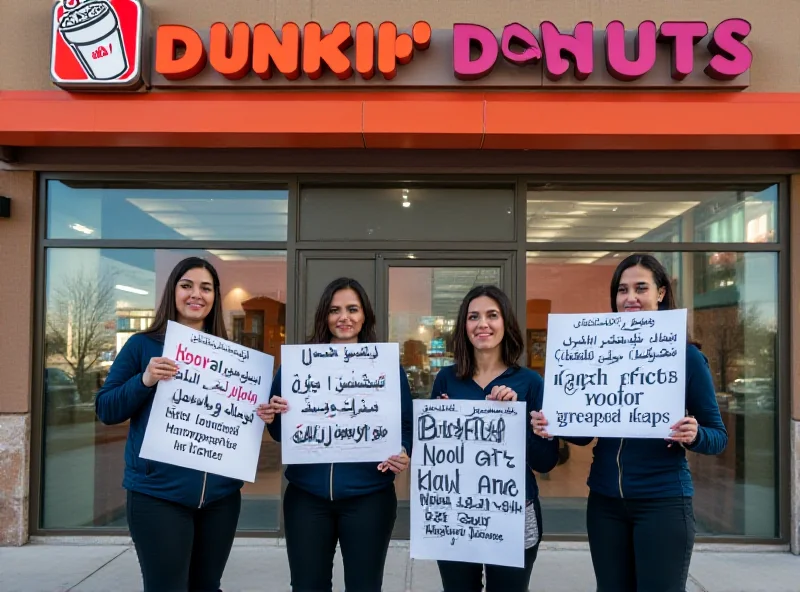 Dunkin' Donuts store front with protesters holding signs.