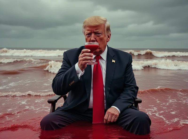 AI-generated image of Donald Trump sitting on a beach with blood-red waves in the background, resembling a scene from a political commentary video.