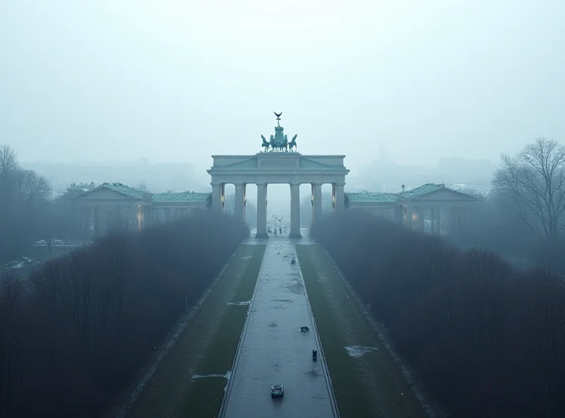 Aerial view of Berlin, Germany, with the Brandenburg Gate in the background. The scene is slightly overcast, creating a somber atmosphere. Overlayed on the image is a subtle silhouette of the Israeli flag, partially transparent, to represent the complex relationship between the two countries.