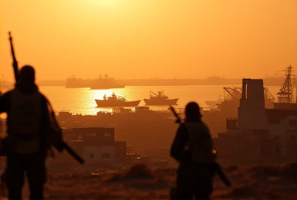 A panoramic view of the port city of Aden, Yemen, with cargo ships visible in the harbor. The sky is a hazy orange due to the desert climate. In the foreground, there are armed Houthi rebels standing guard, their faces obscured by shadows. This image represents the threat of naval operations against Israeli shipping.