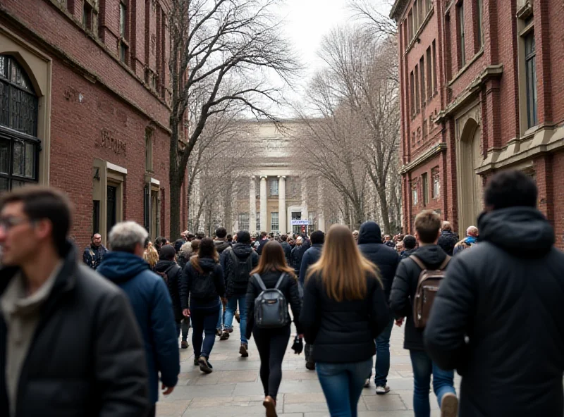 A bustling campus scene at Columbia University, New York City, with students walking between historic buildings. A banner advocating for free speech is prominently displayed. The atmosphere is intellectual and vibrant, but also carries a hint of tension due to the ongoing investigations.