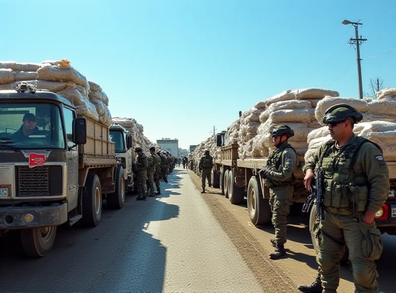 Image of trucks lined up at the Gaza border crossing, unable to enter, with Israeli soldiers standing guard.