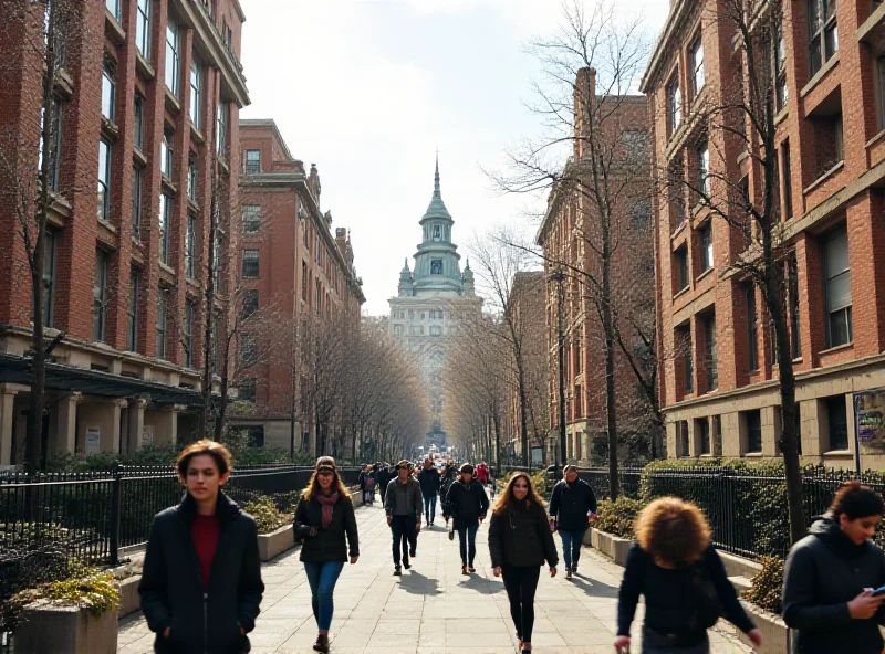 Image of the Columbia University campus, with students walking and studying.
