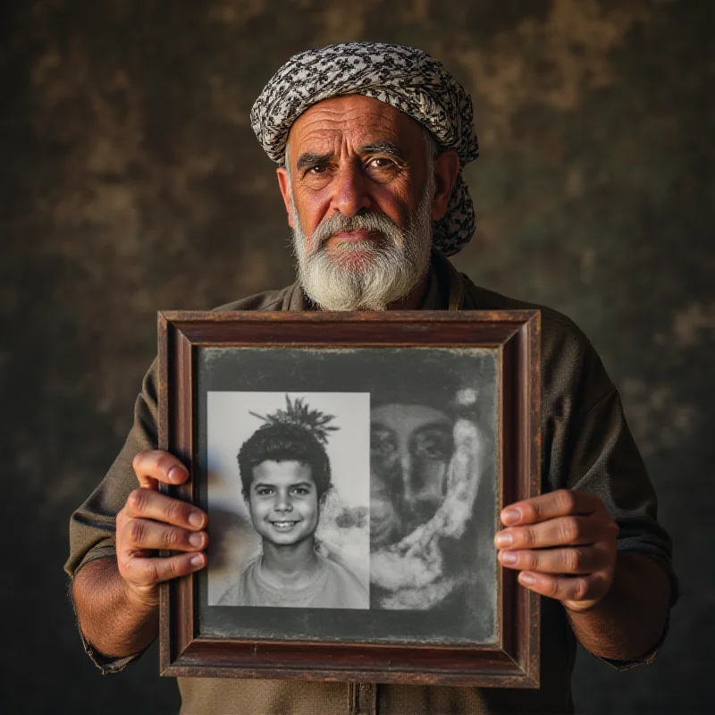 A grieving father holding a picture of his son.