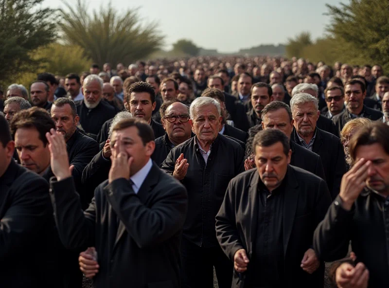 A large crowd of people gathered at a funeral, many visibly emotional. The scene is somber and respectful.