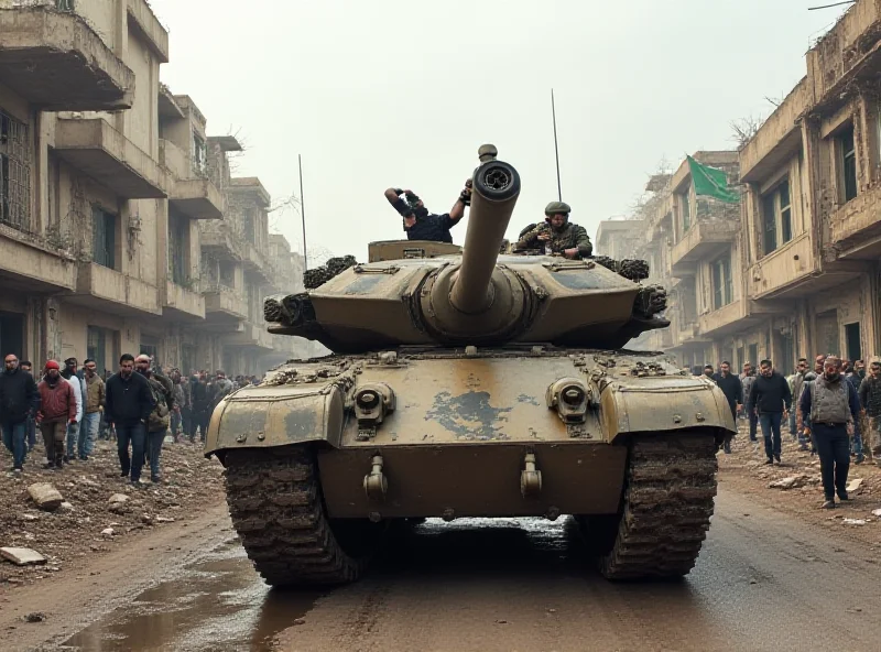 Israeli tanks moving through a crowded urban area, with buildings in the background. The scene is tense and suggests military operations.