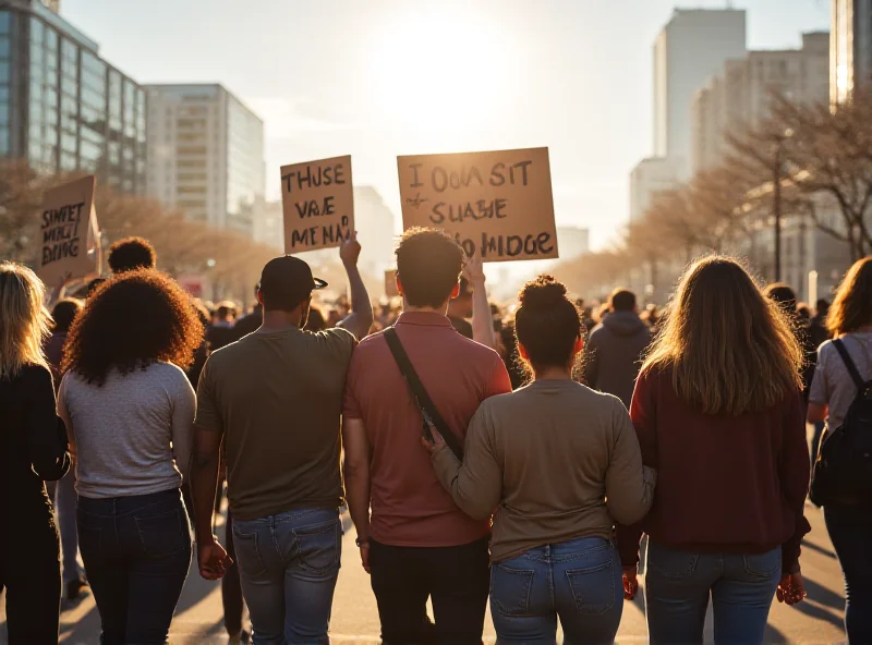 A group of people walking together, perhaps at a peace rally or demonstration, expressing hope and solidarity.