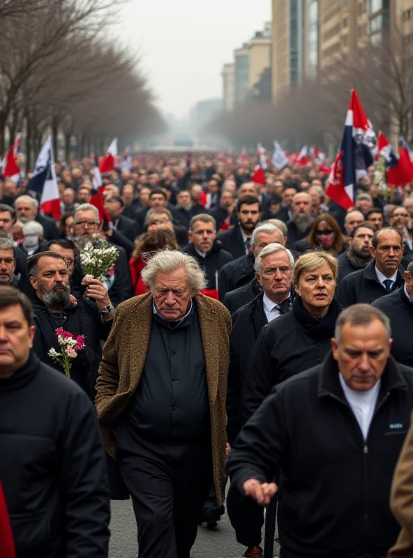 A solemn funeral procession with people carrying flags and banners, honoring the deceased. The atmosphere is somber and respectful.