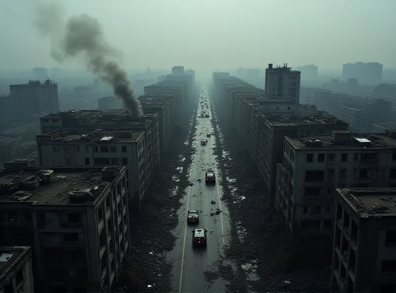 An aerial view of a conflict zone with smoke rising from buildings, indicating recent airstrikes and destruction. The scene depicts the aftermath of a military engagement.