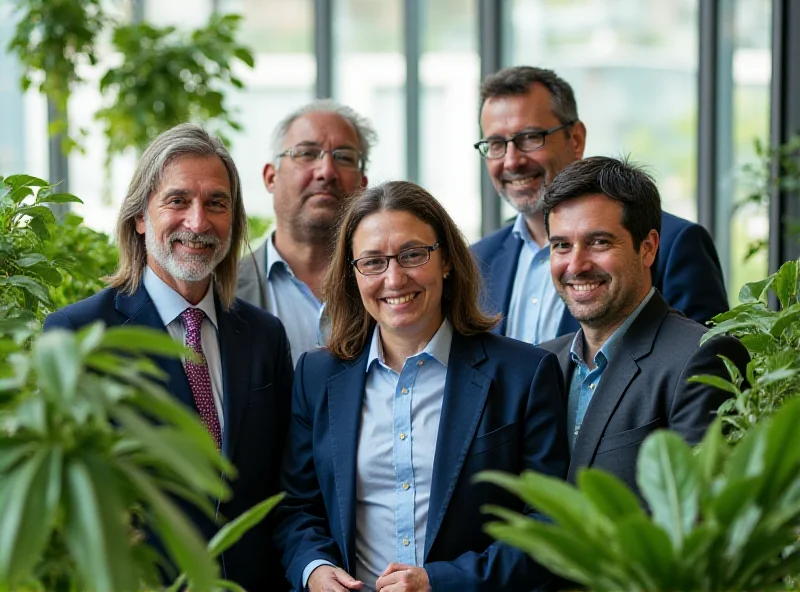 A diverse group of Israeli green technology innovators stand together, smiling confidently. The backdrop is a modern office space filled with plants and sustainable design elements.