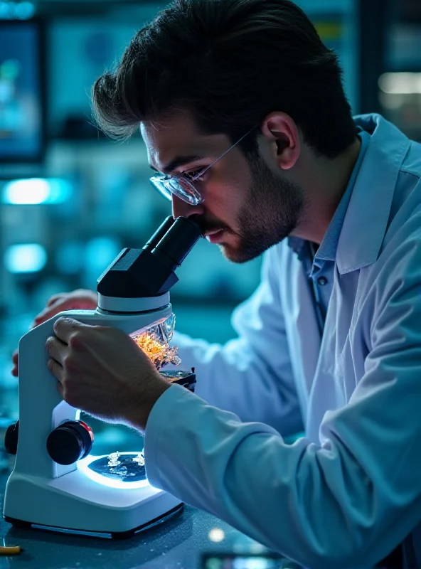 A scientist in a lab coat carefully examines a crustacean under a microscope. The lab is filled with advanced equipment and glowing screens, showcasing the cutting-edge nature of the research.