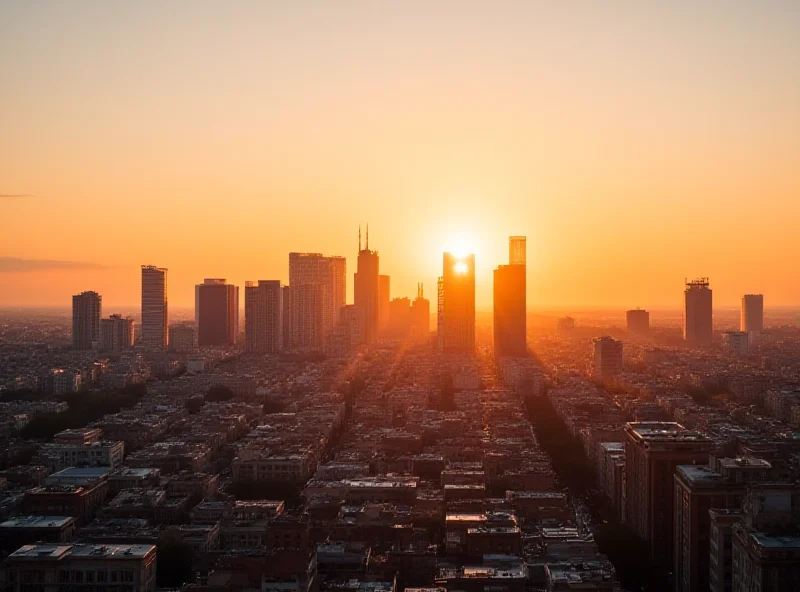 A wide shot of Baku, Azerbaijan's modern skyline at sunset. The city is a blend of historical architecture and contemporary skyscrapers, representing its growth and development.