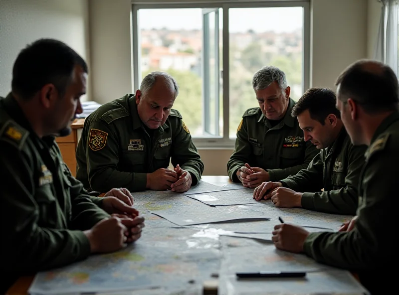 Israeli army soldiers in a meeting, somber expressions