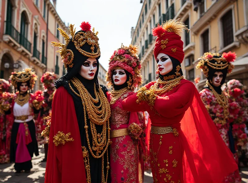 A vibrant scene from the Venice Carnival, featuring traditional masks and Filipino folk dancers in colorful costumes.