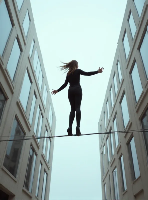 A female tightrope walker balancing on a wire stretched between two tall buildings in an urban setting.