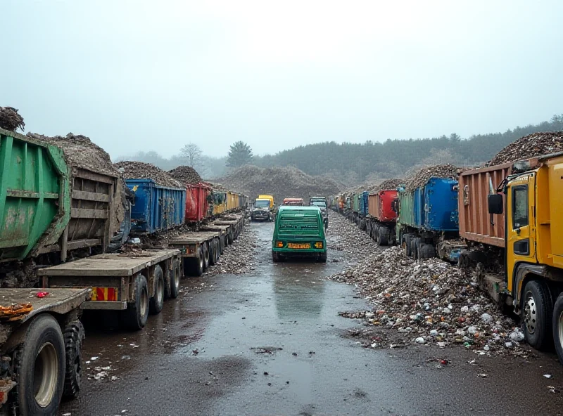 Garbage trucks lined up at a waste disposal facility