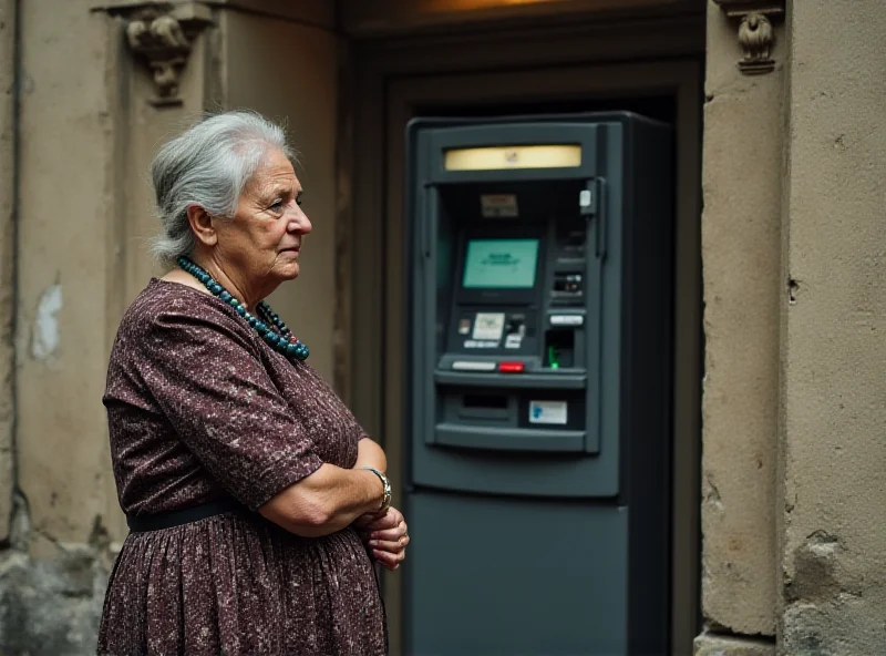 A concerned elderly woman stands in front of a closed ATM in a small Italian town.