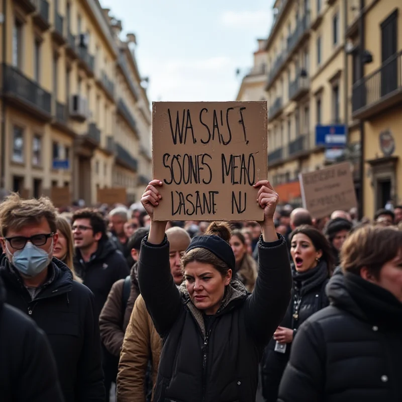 A protest in a small Italian town, with people holding signs expressing their anger and frustration.