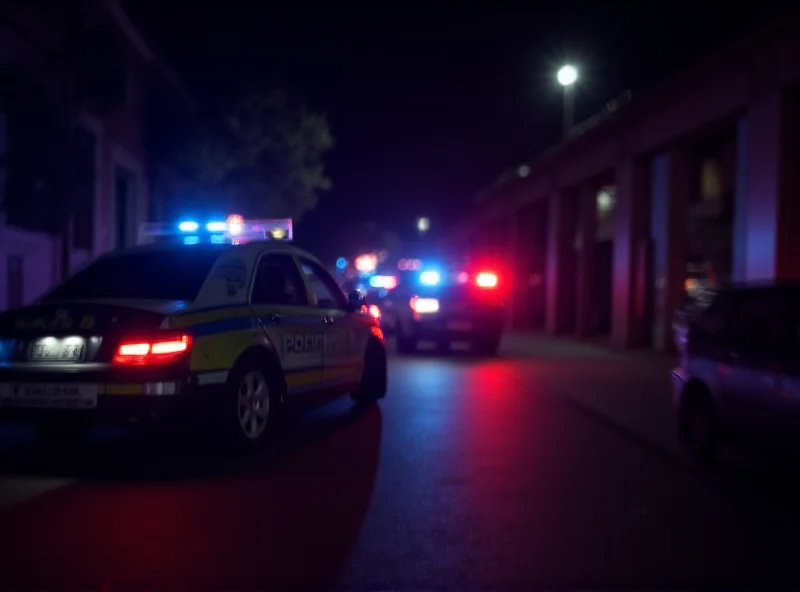 A police car with flashing lights parked on a street in Pescara, Italy, at night. The scene is slightly blurred, giving a sense of urgency.