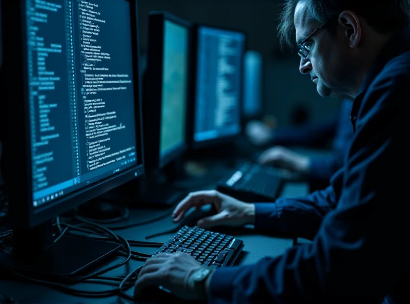 Police investigators examining computer equipment in a darkened room.