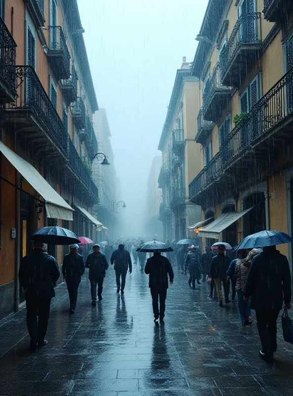 A rainy street scene in Naples, Italy, with traditional buildings and people walking with umbrellas.