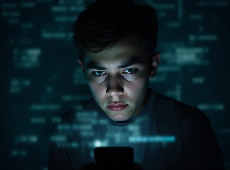 AI generated image of a worried teenager looking at a phone, surrounded by blurry digital noise, symbolizing deepfake technology and its impact.