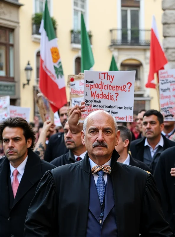A crowded protest scene in Italy, with judges and prosecutors holding signs expressing their concerns about judicial reforms and independence. The Italian flag is visible in the background.