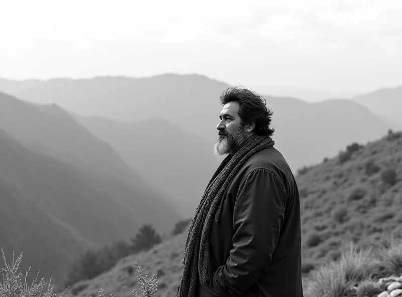 A black and white photo of Abdullah Öcalan, the leader of the PKK, standing in a mountainous region. He is wearing traditional Kurdish clothing and looking towards the horizon.