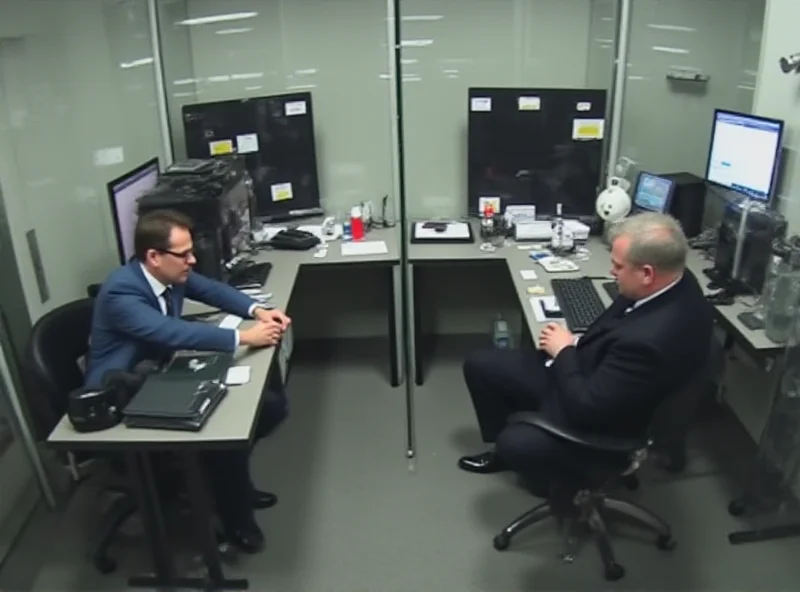 Still from a security camera showing two men working at computers in a modern office setting.