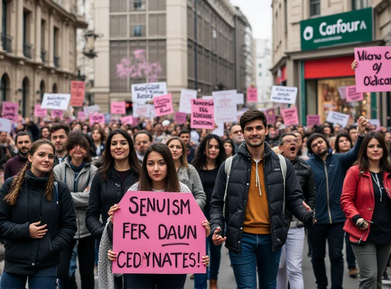 A group of students marching down a street holding signs and banners, with a Carrefour supermarket in the background, its windows splattered with pink paint.