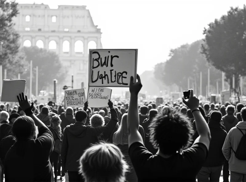 A black and white photograph capturing a protest in Rome. The image focuses on a group of people holding banners and signs with political slogans. The atmosphere is tense, with a sense of defiance and resistance in the air.