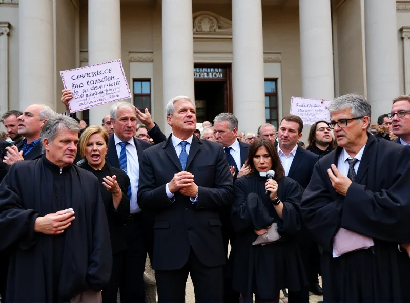A crowd of magistrates gathered outside a courthouse in Genoa, holding signs and banners protesting judicial reforms. Antonio Albanese is seen addressing the crowd.