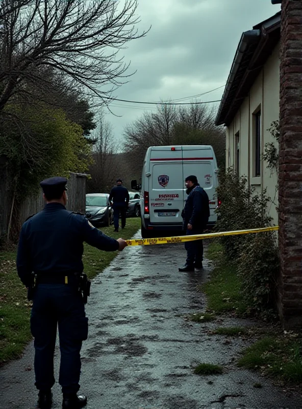 A somber police scene outside a house in Foggia, Italy, with Carabinieri officers investigating. The area is cordoned off with yellow tape.