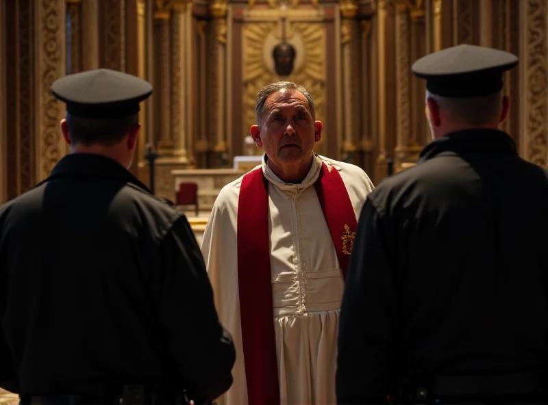 A man dressed in priest's garments looking nervous and being approached by two Carabinieri officers inside a church.