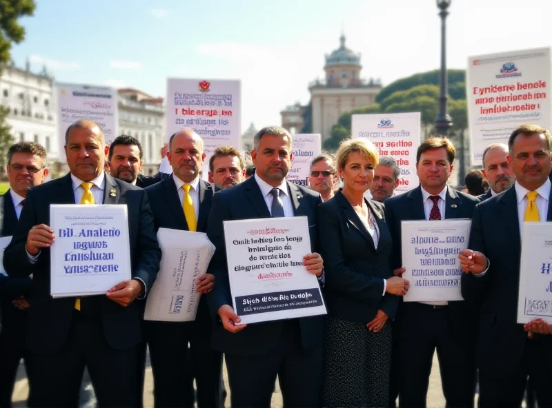 A group of Italian magistrates standing together in solidarity, holding signs and banners during a protest.