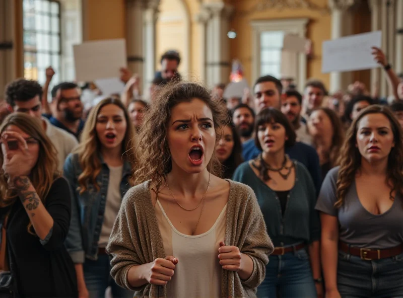 A group of students holding signs and banners inside a government building, protesting a merger of educational institutions. The scene is energetic and determined, with students chanting slogans.