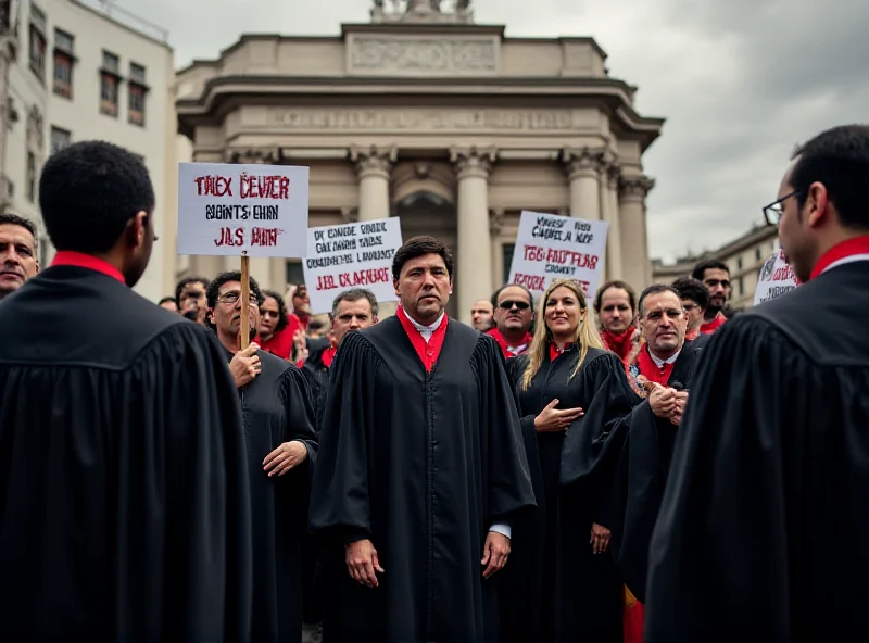 A group of Italian magistrates wearing their robes, standing in protest outside a courthouse. They are holding signs and banners expressing their opposition to a proposed judicial reform.