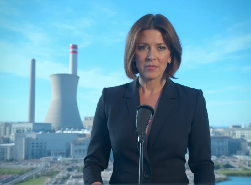 Giorgia Meloni speaking at a press conference with nuclear power plant in the background.
