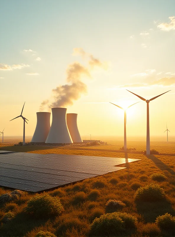 Illustration of a modern nuclear power plant with solar panels and wind turbines in the background.