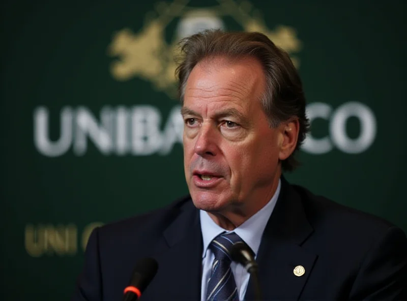 Roberto Setubal, co-chairman of Itaú Unibanco, giving a press conference with a serious expression. He is wearing a dark suit and tie. The Itaú Unibanco logo is visible in the background.